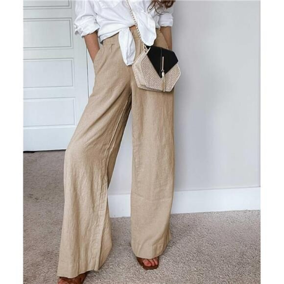 Womens Cotton Linen Palazzo Pants Wide Leg Drawstring Elastic Waist Pants - Picture 3 of 7